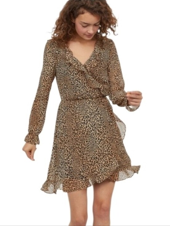 H&M Dresses & Skirts - H&M Divided Leopard Print Ruffle Detail Wrap Mini Dress Brown Size O